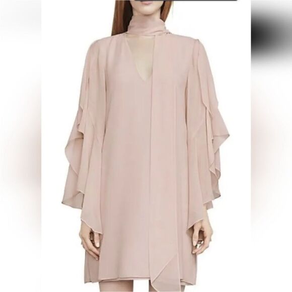 NWOT BCBG S pink silk chiffon dress w flutter sleeves - Picture 4 of 16